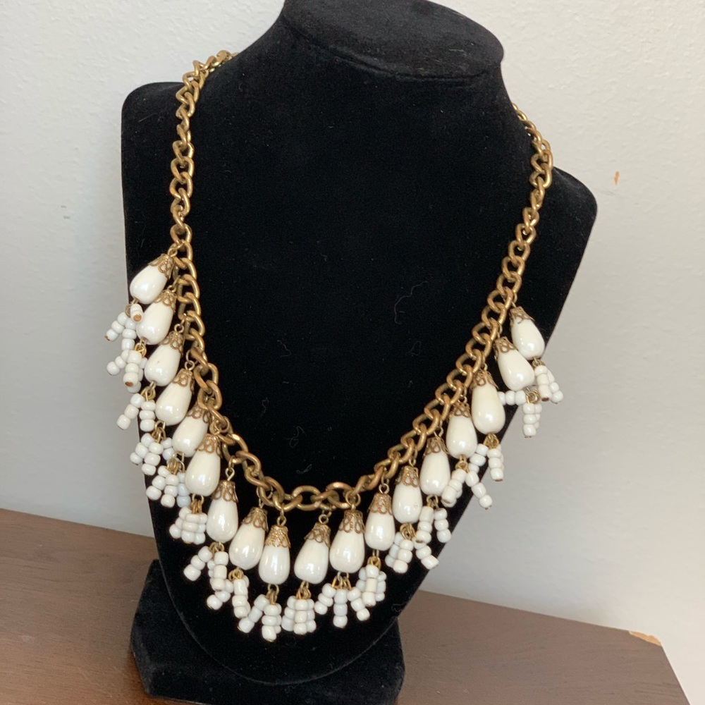 Antiqued Gold and White beaded necklace